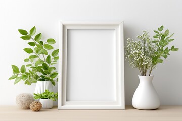 Fototapeta premium Minimal home decor with indoor plants and blank frame – concept for interior design, lifestyle, product presentation
