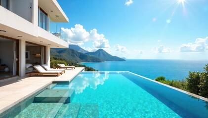 Fototapeta premium Sun-drenched villa with infinity pool overlooking a breathtaking ocean vista; epitome of luxurious, carefree living , tropical, palm trees