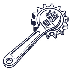Hand drawn illustration of a wrench and gear