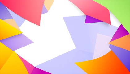 An abstract arrangement of colorful geometric paper shapes in red, yellow, green, orange, purple, and blue, creating a vibrant and dynamic composition with a white background.