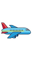 A stylized pixel art illustration of a bright blue passenger airplane with red and yellow accents soaring through a clear white sky representing