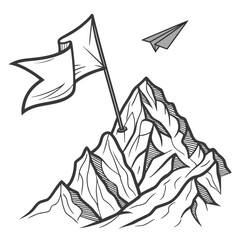 Illustration of a mountain peak with a flag and a paper airplane