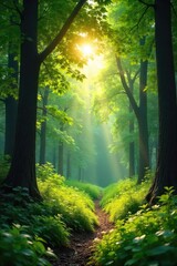 Obraz premium Sunlight Dapples Lush Green Forest, Tranquil Nature Scene Perfect for Relaxation and Travel