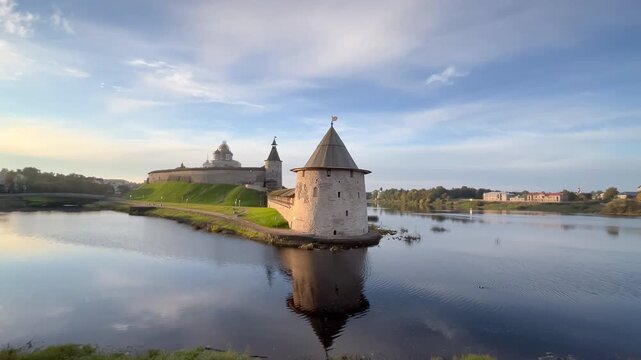 Panoramic view of Pskov Kremlin (Krom) from Pskova River's opposite bank, showing fortress walls, towers and Orthodox church domes