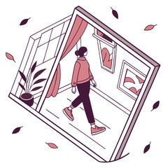 Woman walking through a framed doorway with falling leaves