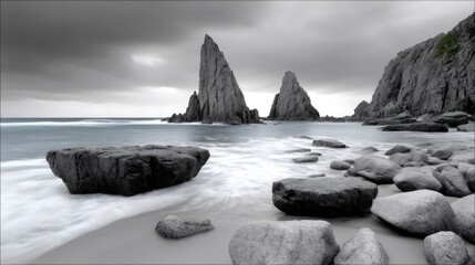 Rocky beach landscape with sea stack formations
