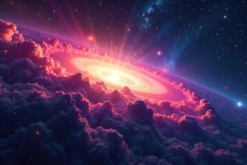 Fototapeta premium Vast, swirling nebulae mark the edge of known space, a cosmic frontier beyond which lies the unknown A breathtaking view of the universe's boundary, full of mystery and wonder , deep space, mystery