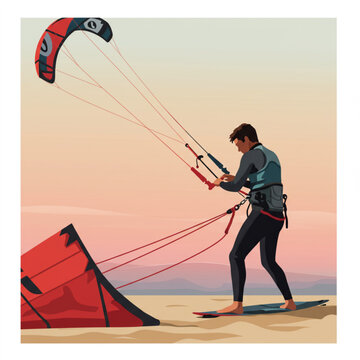 Man Kitesurfing on Beach at Sunset Vector Illustration