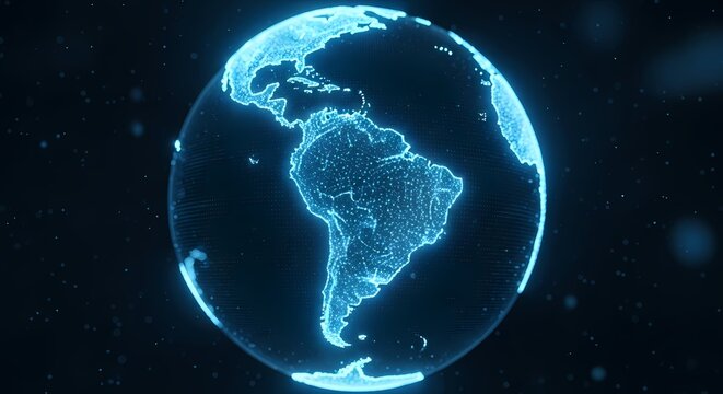Digital Globe - Latin America Map - Blue Neon Earth Sphere - Technology Concept