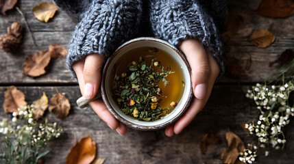 Hands Holding Cup Of Herbal Tea On Autumn Days The Cozy Scene Of Drinking Wellness Tea During Peaceful Moment With Fall Leaves Around Provides A Warm Beverage Concept