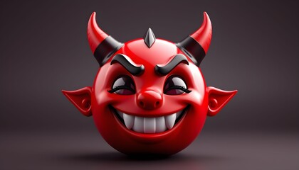 A grinning, red devil emoji with horns, sharp teeth, and a mischievous expression, set against a dark background.