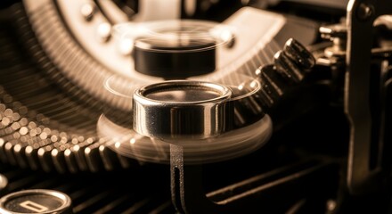 Close-up view of a vintage typewriter's intricate mechanical details with a blur effect suggesting motion.
