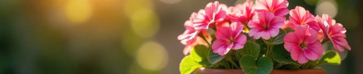 Fototapeta premium Vibrant pink geranium blossoms overflowing from a terracotta flowerpot, bathed in warm sunlight Perfect for gardening, spring, and home decor themes , flourishing, vibrant