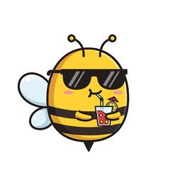 A cute cartoon bee wearing sunglasses enjoys a refreshing summer drink with a straw and lemon.