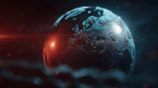A digital holographic representation of Earth glows in a futuristic space environment with dramatic lighting