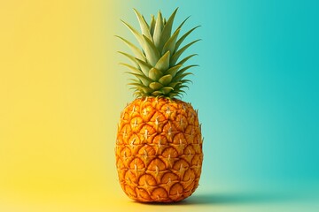 Fresh Pineapple on Vibrant Yellow and Blue Background, Tropical Exotic Fruit, Summer Concept, Healthy Organic Food Photography
