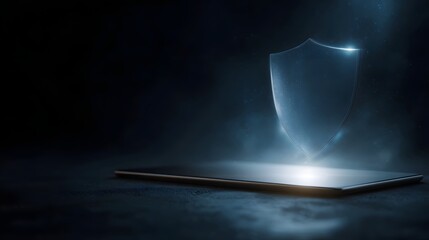 Digital shield icon glowing above a tablet screen symbolizing online security and technology