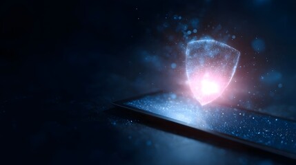 Glowing digital shield icon hovering over a modern tablet screen symbolizing online security