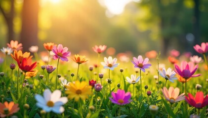 Obraz premium Vibrant wildflowers in full bloom, bathed in the warm sunlight of a fresh spring morning Perfect for themes of renewal, growth, and the beauty of nature's awakening , colorful flowers, spring