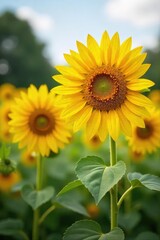 Fototapeta premium Vibrant yellow oil sunflowers in full bloom, basking in the summer sun A stunning display of nature's beauty, perfect for agricultural, food, and nature-themed projects , plant, background