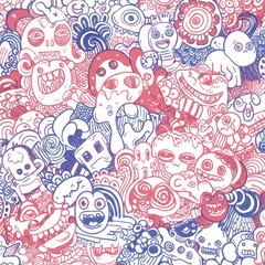 Whimsical Doodle Art Seamless Pattern Featuring a Collage of Playful Monsters and Abstract Shapes in a Red and Blue Color Palette Perfect for Textile