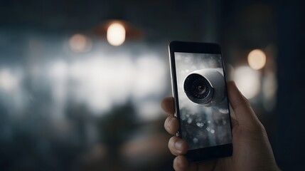 A hand holds a smartphone displaying a live feed of a security  symbolizing smart home monitoring and connectivity