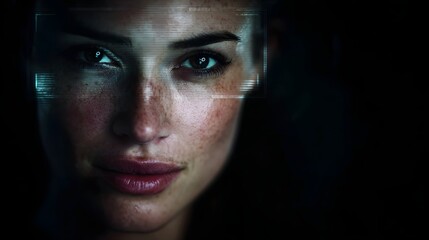 A woman s face is scanned by a futuristic digital interface highlighting security and identity
