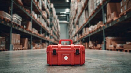 Emergency preparedness: First aid kit for safety. Quick response, health support, and accident assistance in warehouse. Safety protocols.
