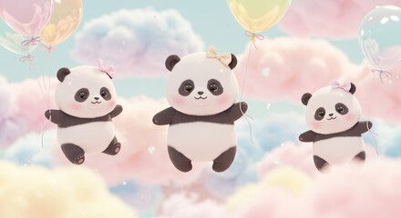Three Adorable Fluffy Baby Pandas with Pastel Bows Floating Amongst Dreamy Cotton Candy Clouds and Delicate Balloons in a Whimsical Sky Background