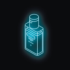 Neon blue antiseptic bottle glowing on black background, representing hygiene and disinfection