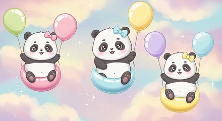 Three adorable cartoon pandas with bow ties floating in the sky holding balloons and sitting on macarons with a pastel rainbow cloud background and