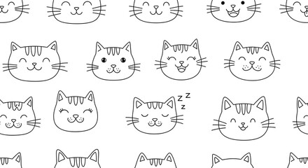 Seamless Pattern of Cute Hand Drawn Doodle Cat Faces with Expressive Eyes and Whiskers on a Clean White Background Ideal for Children's Stationery