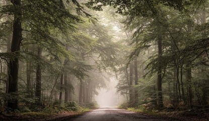 Fototapeta premium Foggy road through lush green trees, light at the end