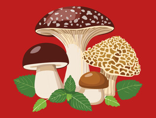 Beautiful Forest Floor Illustration Featuring Assorted Fungi and Delicate Foliage Plants Background