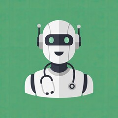 Pixelated Illustration of a Friendly White Robot Doctor Wearing a Stethoscope and a White Lab Coat with Dark Accents and a Smiling Face Set Against a