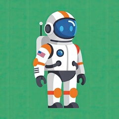 Pixelated illustration of a friendly astronaut character in a white and orange spacesuit standing confidently against a textured green background