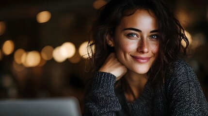 Obraz premium A beautiful woman with freckles smiles gently while resting her chin on her hand in a softly lit cafe