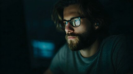 Obraz premium A man with glasses and a beard gazes intently at a glowing computer screen immersed in work or study in a dark room