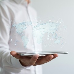 Man wearing a white shirt holding a smartphone displaying a glowing holographic digital world map with blue connections and dots symbolizing global