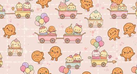 Kawaii Seamless Pattern Featuring Adorable Cartoon Cookies and Ice Cream Cones Riding in Cute Pastel Colored Toy Trains with Colorful Balloons and