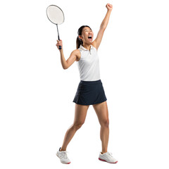 Portrait of Asian woman badminton athlete looking excited in winning celebration