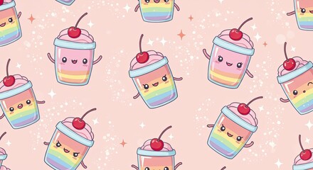 Kawaii Rainbow Milkshake Pattern with Cute Smiling Characters and Cherry Toppings on a Pastel Pink Background with Subtle Sparkle Accents Perfect for