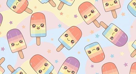 Kawaii Rainbow Popsicle Pattern Seamless Design with Smiling Faces and Star Confetti on a Pastel Wavy Background Perfect for Childrens Wall Art and