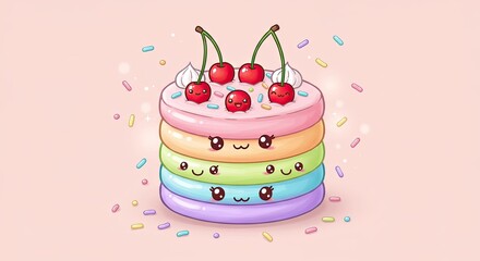Kawaii rainbow layered cake with cute cherry faces and sprinkles on a pastel pink background a festive and whimsical dessert illustration perfect for