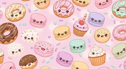 Kawaii pixel art seamless pattern featuring a delightful assortment of cute donuts macarons and cupcakes with expressive smiling faces on a soft pink