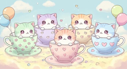 Kawaii Pixel Art Style Five Adorable Kittens Peeking Out From Pastel Colored Tea Cups With Heart Patterns Surrounded by Floating Hearts and Soft
