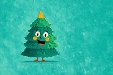 Funny Christmas tree with smiling face, kids-friendly cartoon card