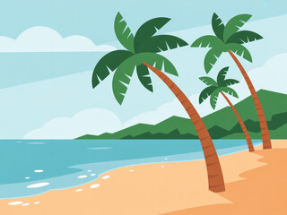 Fototapeta premium Tropical beach landscape with palm trees, blue ocean waves and golden sunset sky, relaxing summer vacation scenery, travel destination background, peaceful coastal nature view