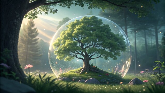 Lush green tree encased in a clear bubble in a sunlit forest clearing nature protection