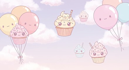 Kawaii Pixel Art Cupcakes With Cute Faces Floating With Pastel Balloons In A Dreamy Sky With Soft Clouds And Gentle Lighting Perfect For Children's